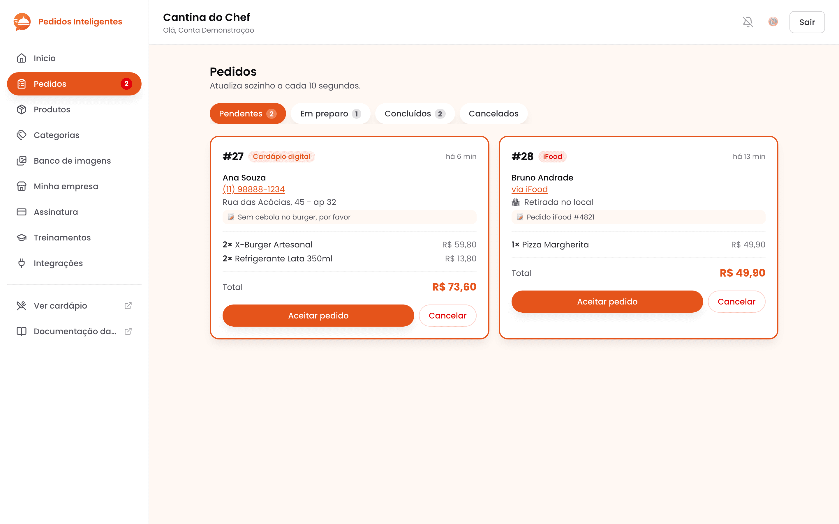 Monitor de pedidos real: pedidos pendentes do cardápio e do iFood com botões de aceitar e cancelar